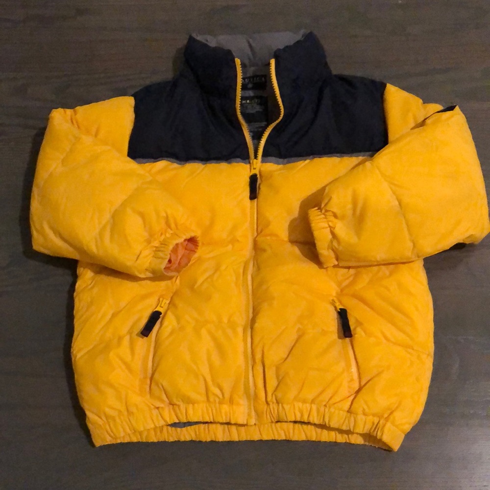 Nautica Yellow Navy Down Puffer Jacket w/ Packable Hood Girls 7 EXC COND